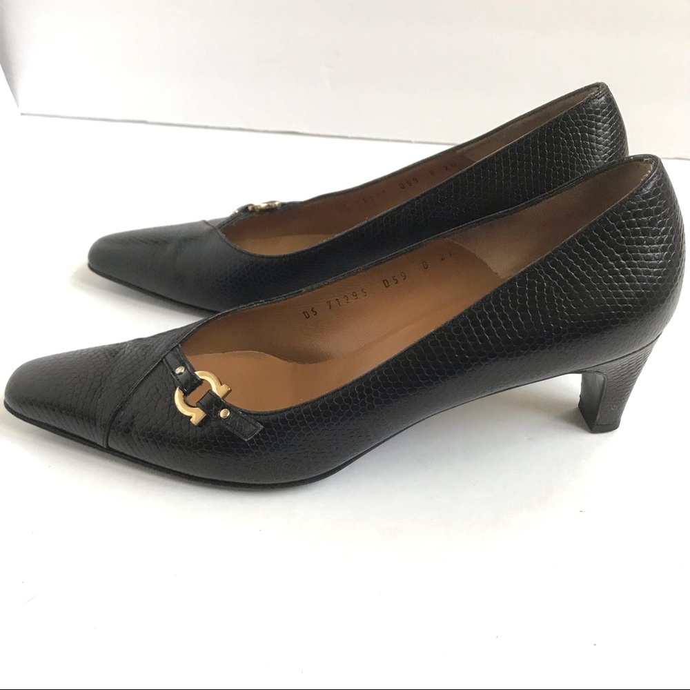 Salvatore Ferragamo Black Snakeskin Leather and Classic Gancini Logo Heel 8 - Picture 4 of 11